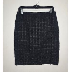 Ann Taylor black boucle tweed plaid pencil skirt front wrap panel- 6